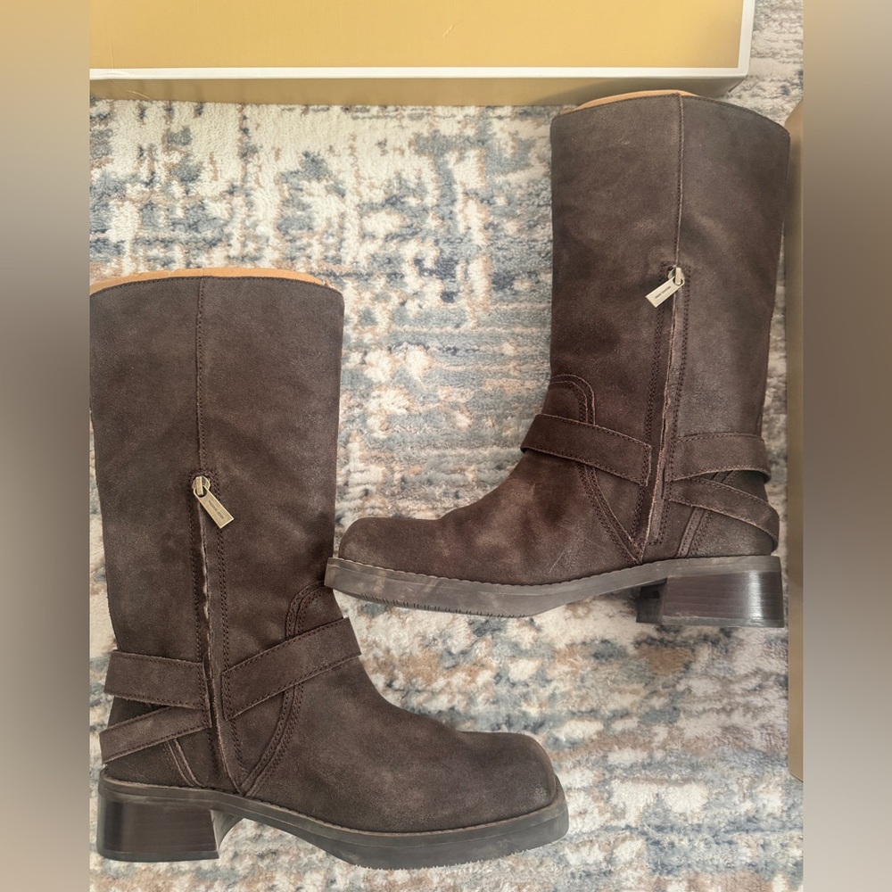 Michael Kors Crosby Suede Moto Boots Chocolate Brown 10M Like New w Box - Picture 4 of 7